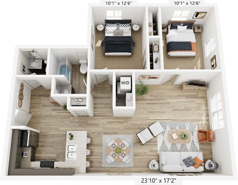 Floor plan for 2 beds, 1.5 baths, 1024 sqft